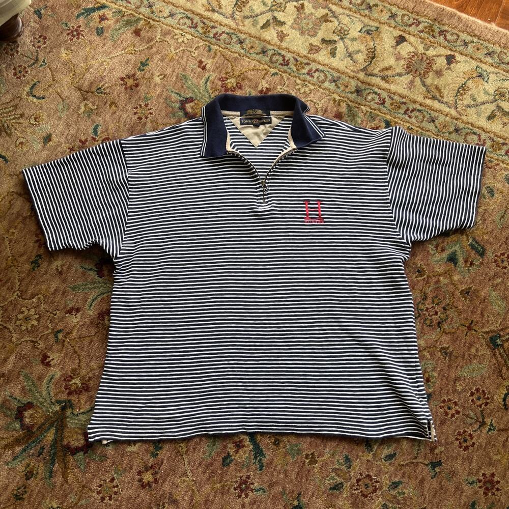 Vintage Tommy Hilfiger 1/4 Zip Striped Navy/White Polo Red Cotton Crest H Logo L - Picture 2 of 9